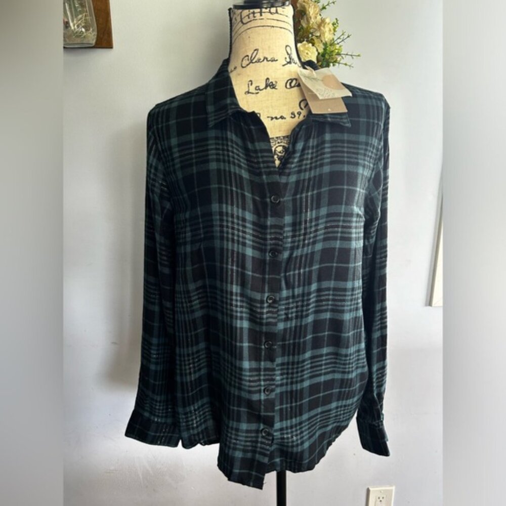 Thread And Supply Button Down Blouse Plaid Metall… - image 2